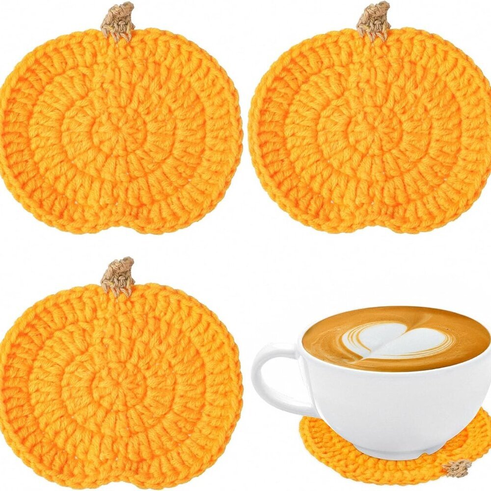 Crochet Pumpkins Coaster Handmade Knitted Drink Coaster Set Autumn Drink Cup Pad